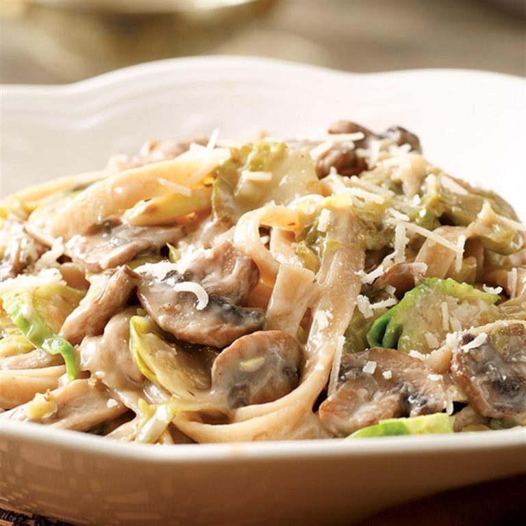 Creamy Fettuccine with Brussels Sprouts & Mushrooms