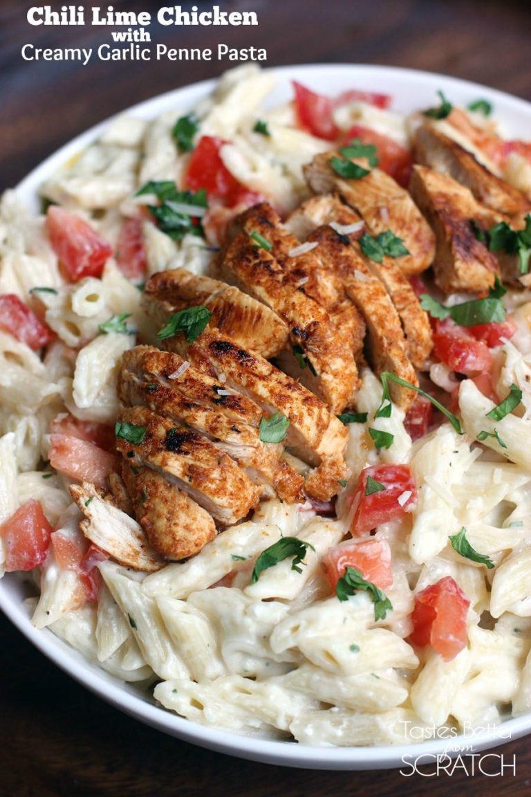 CHILI LIME CHICKEN WITH CREAMY GARLIC PENNE PASTA