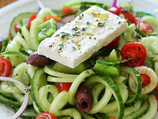 Spiralized Greek Cucumber Salad with Lemon and Feta