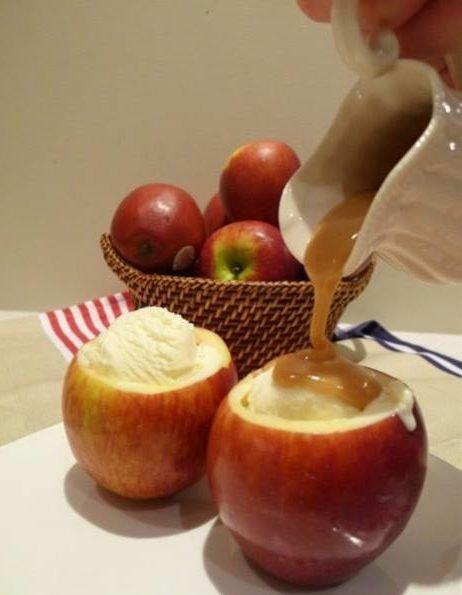 Caramel Over Vanilla Ice Cream in Hollowed-out Apples